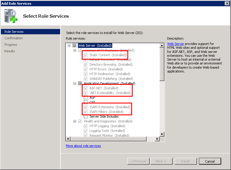 Enabling IIS features on Windows Server 2008