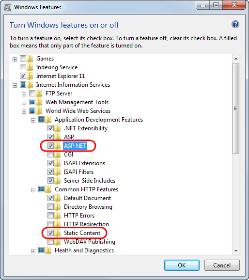 Enabling IIS features on Windows 7