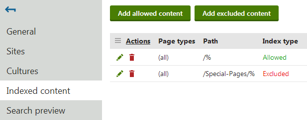Specifying allowed or excluded content for a page index