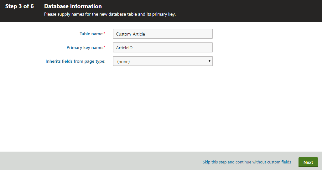 Filling in the database information for a page type