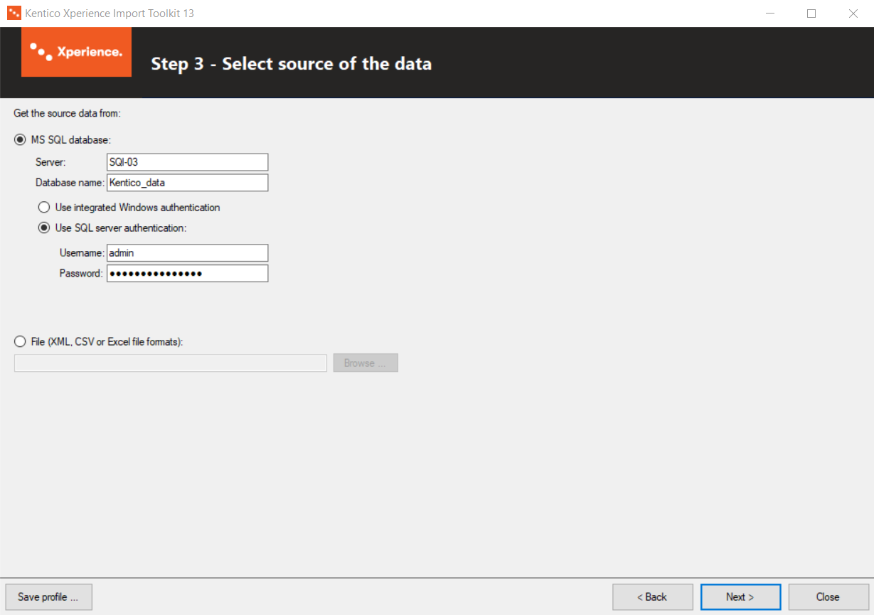 Specifying the source of the import data