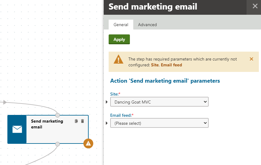 Configuring the parameters of a marketing automation step