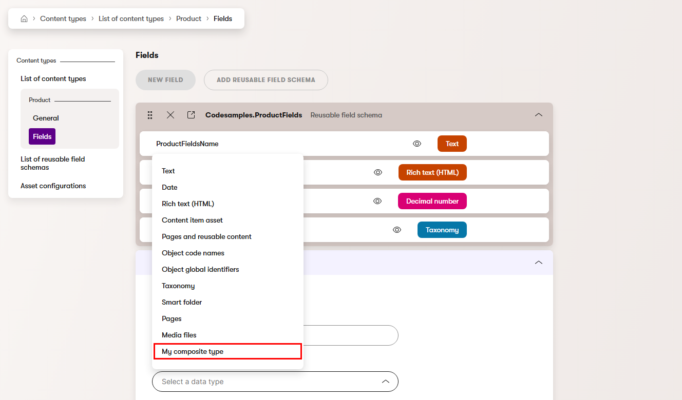 A custom data type offered in the field editor