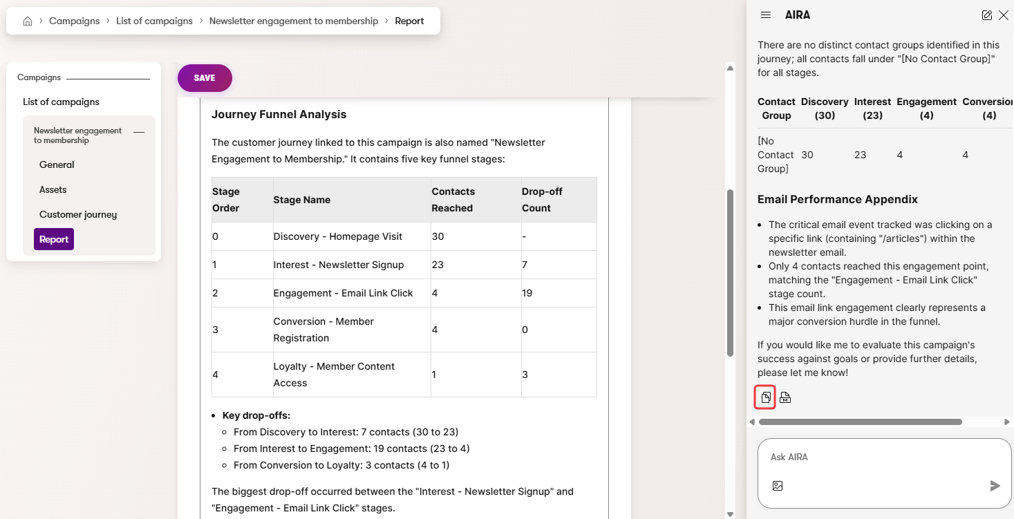 Campaign report generated by the Campaign Manager