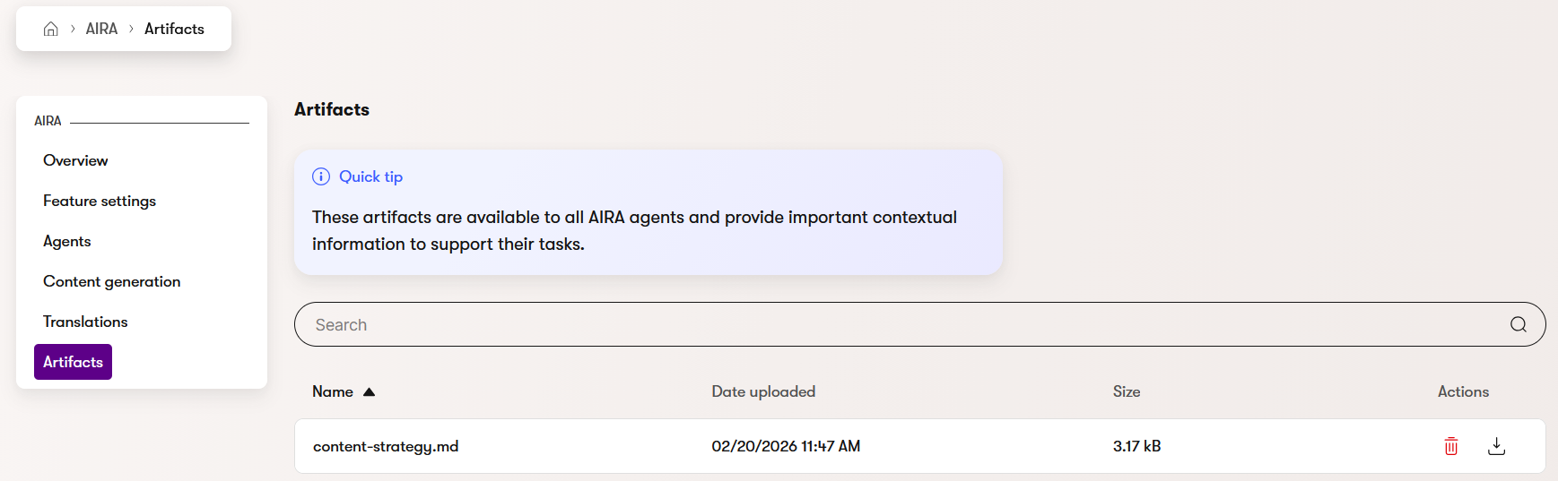 Content Strategy file in the Artifacts table