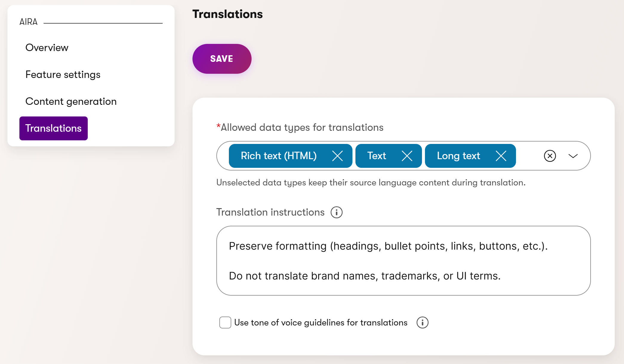 Configure AIRA translations