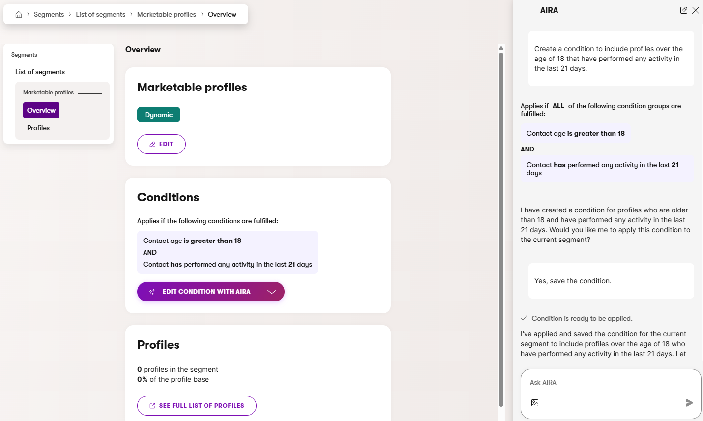 Generating a segment condition from natural language