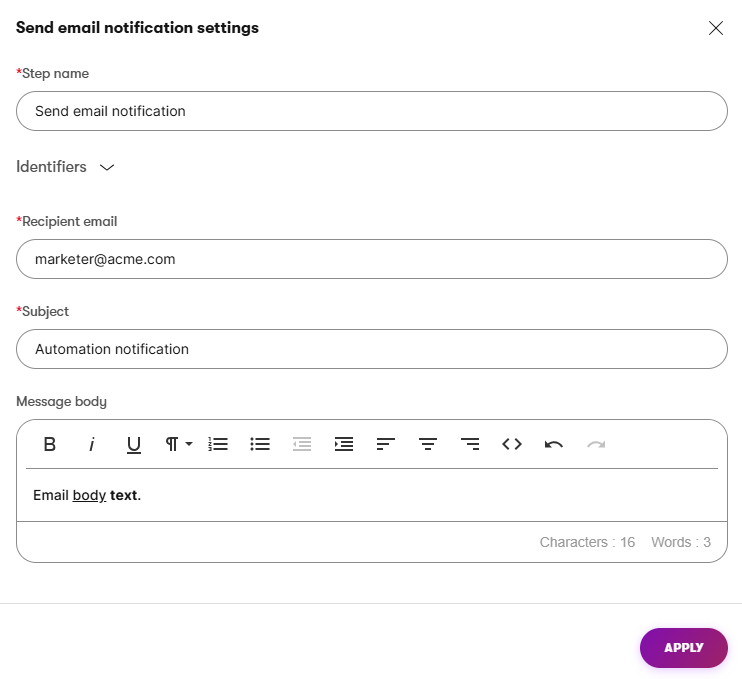 Configuration of a custom action’s properties in the Automation Builder UI