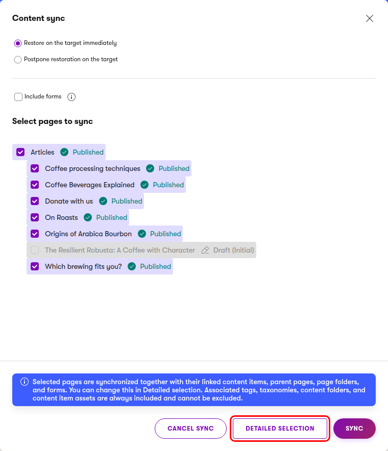 Content sync in website channels – use the Detailed selection button to review related content that will be synchronized
