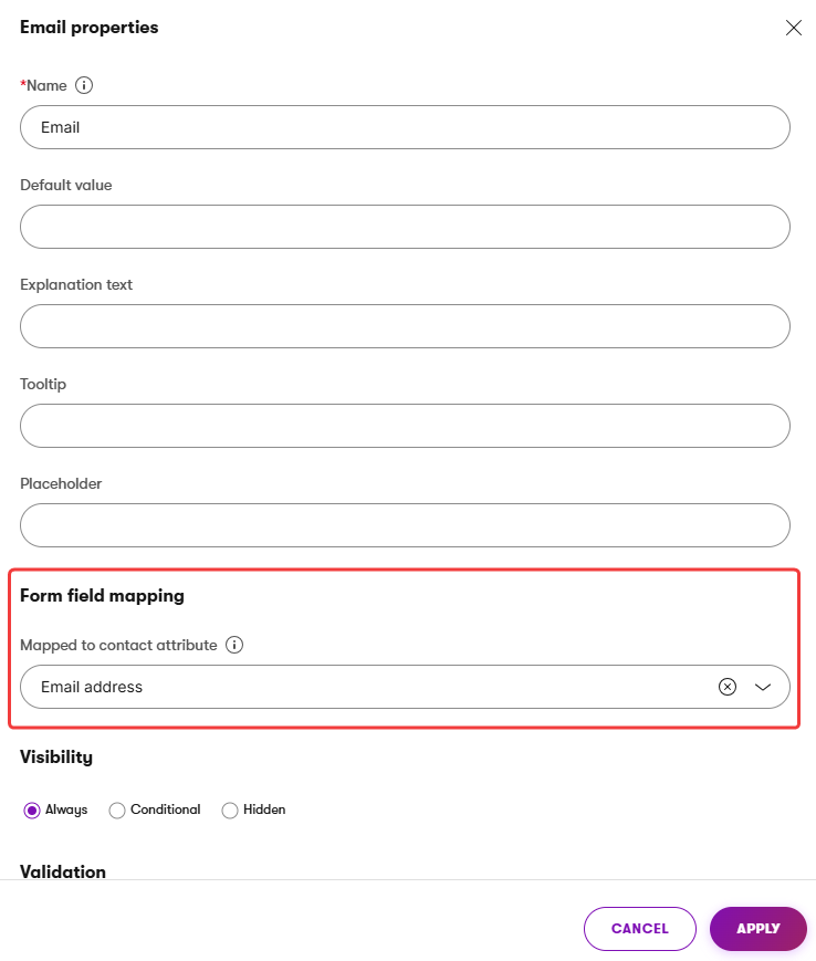 Mapping a form field to a contact attribute in Form Builder