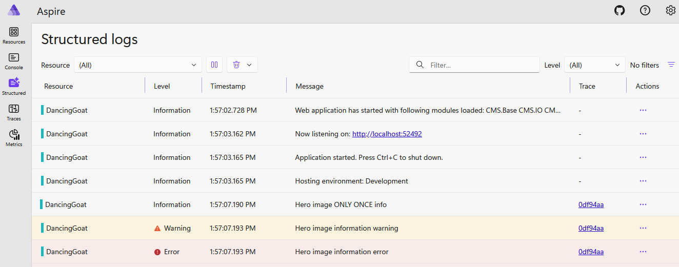 Logs from an Xperience application in Aspire dashboard