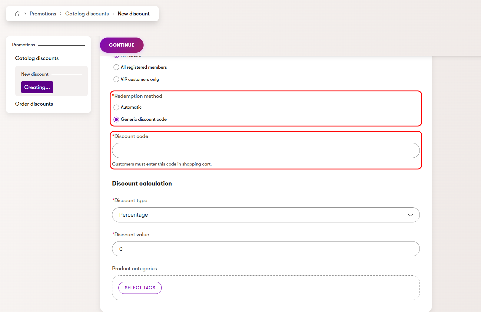 Redemption method and Discount code fields in the promotion form