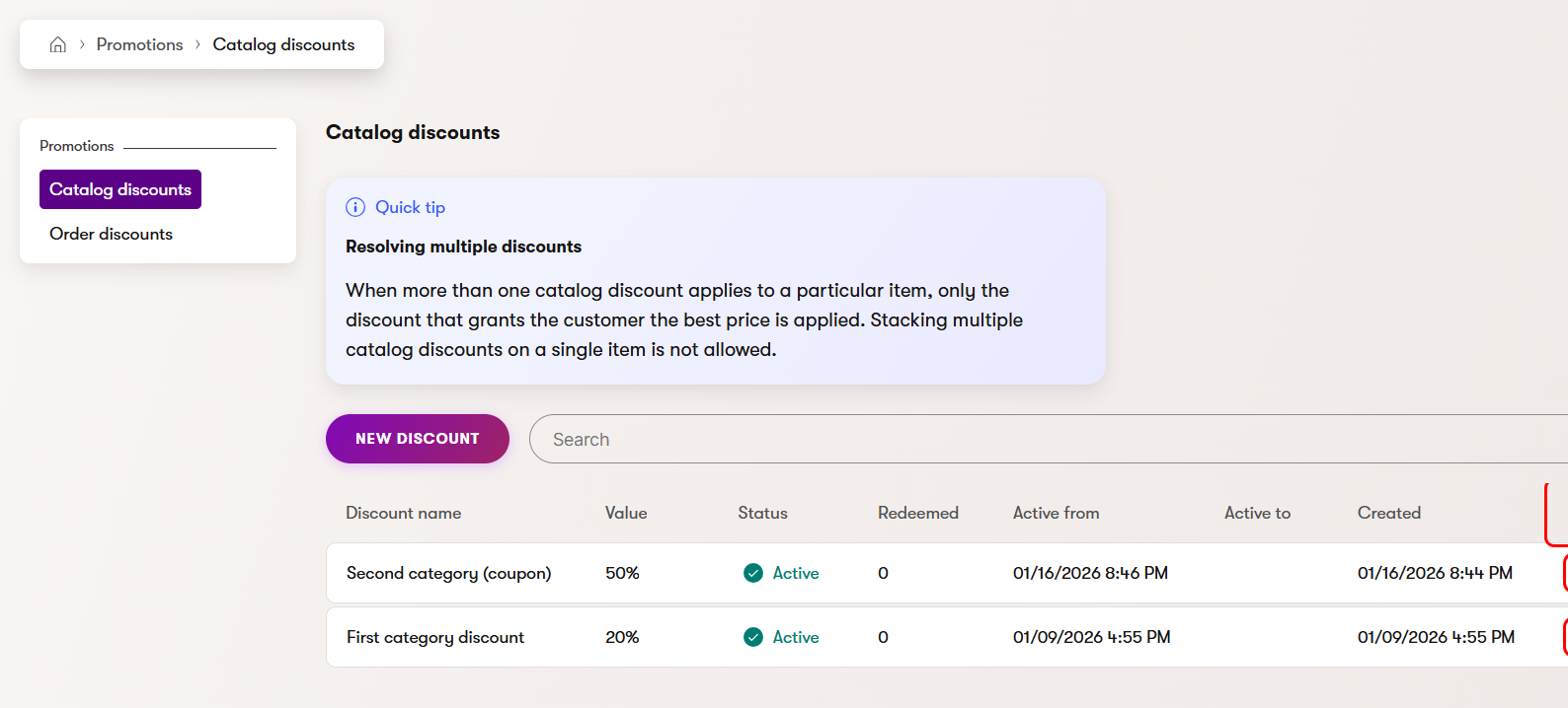 Promotions listing with delete buttons in the Actions column