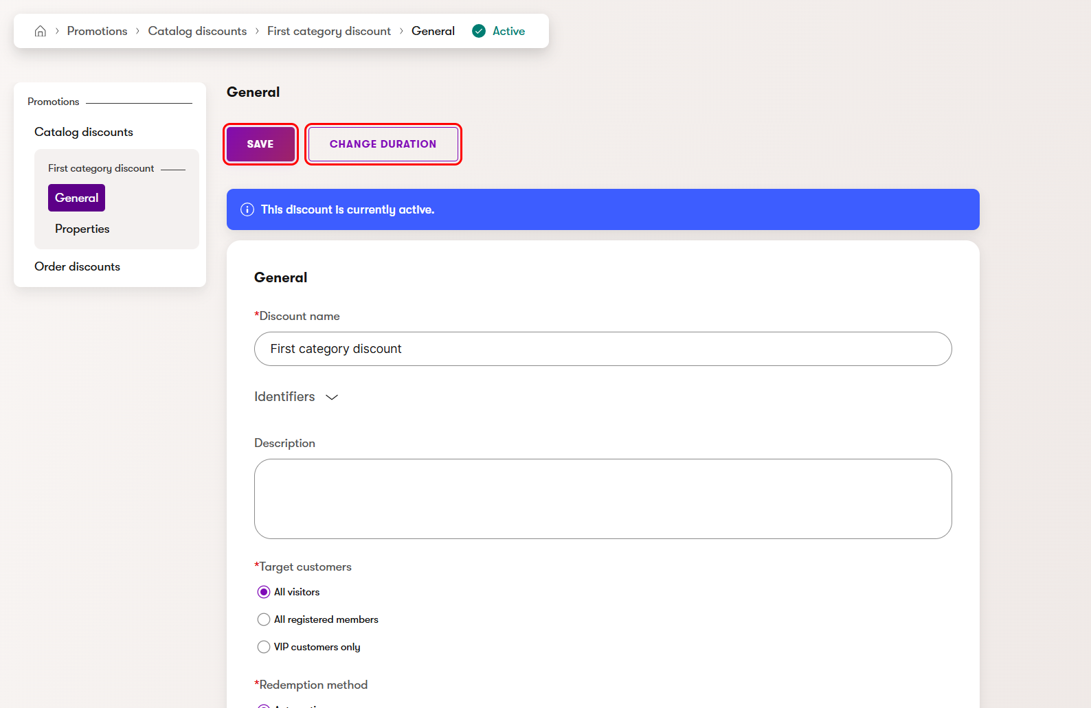 Edit a promotion with Save and Change duration buttons