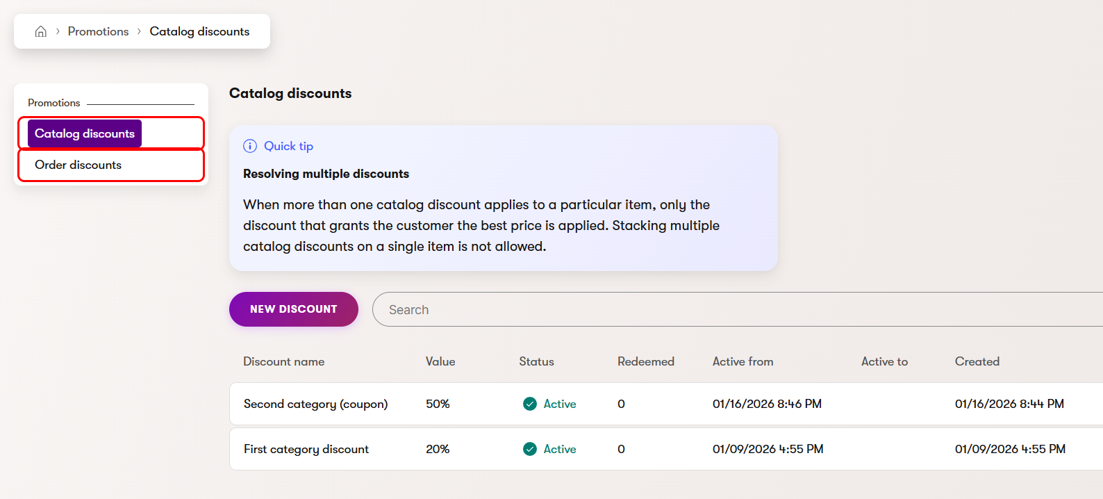 Promotions application with Catalog discounts and Order discounts tabs