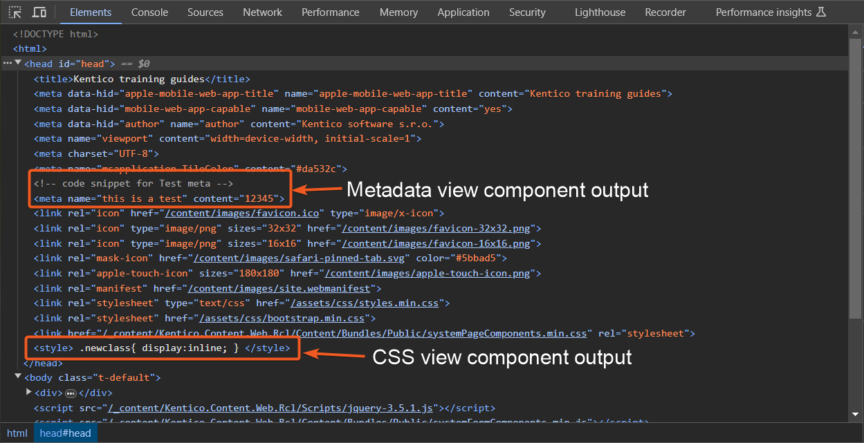 View component output for metadata and CSS