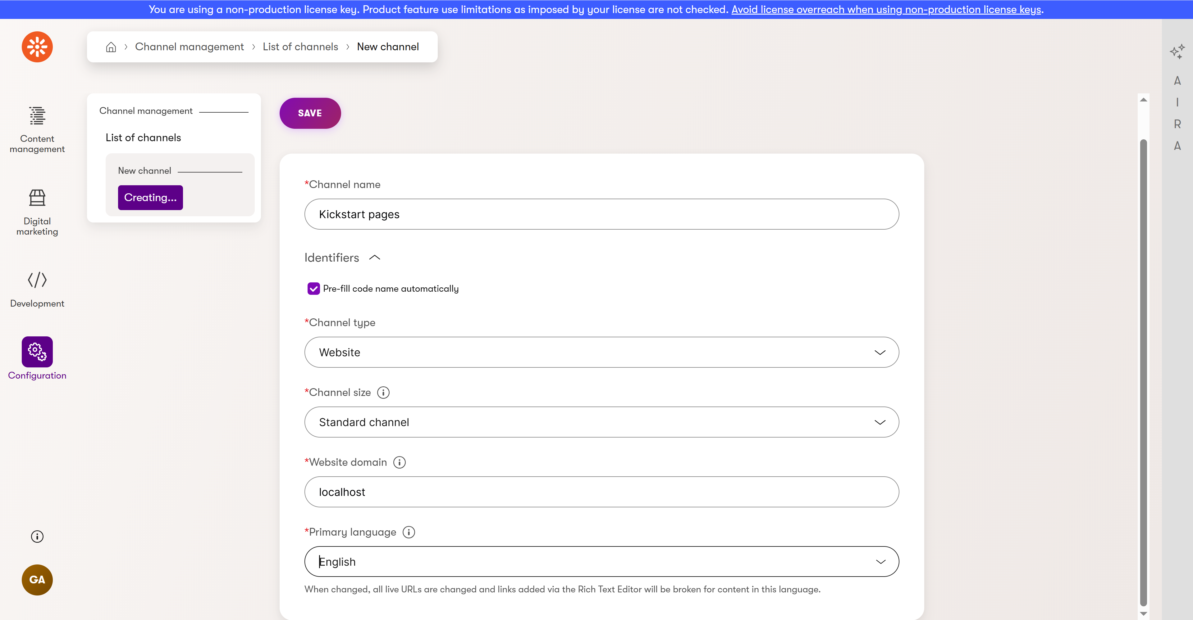 screenshot of channel creation dialog