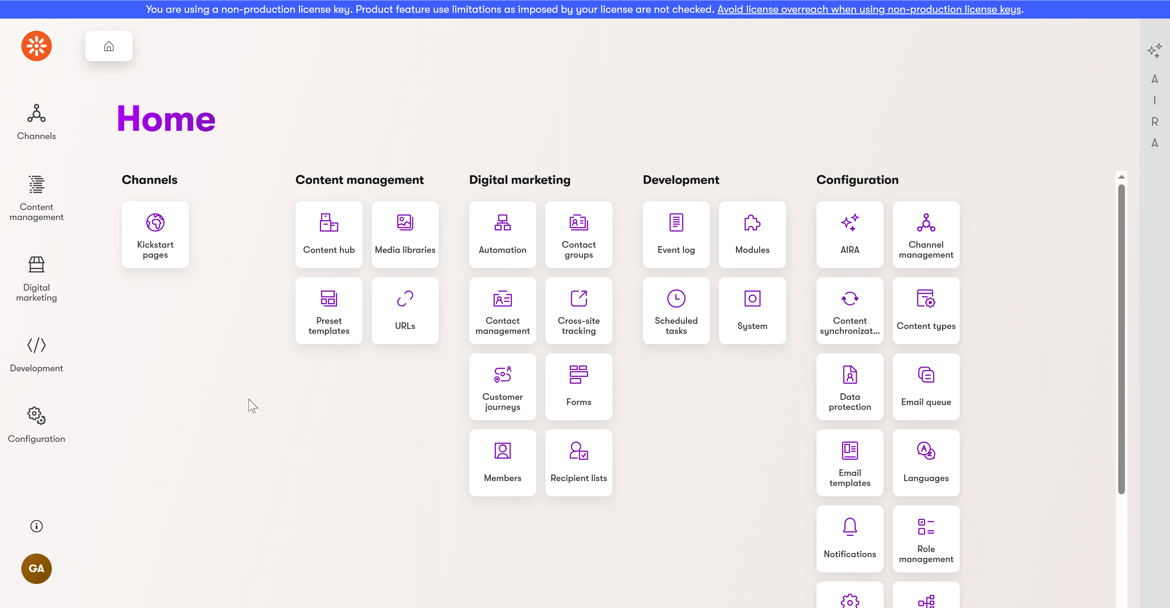 Screen recording of the admin UI dashboard, containing the Kickstart pages channel
