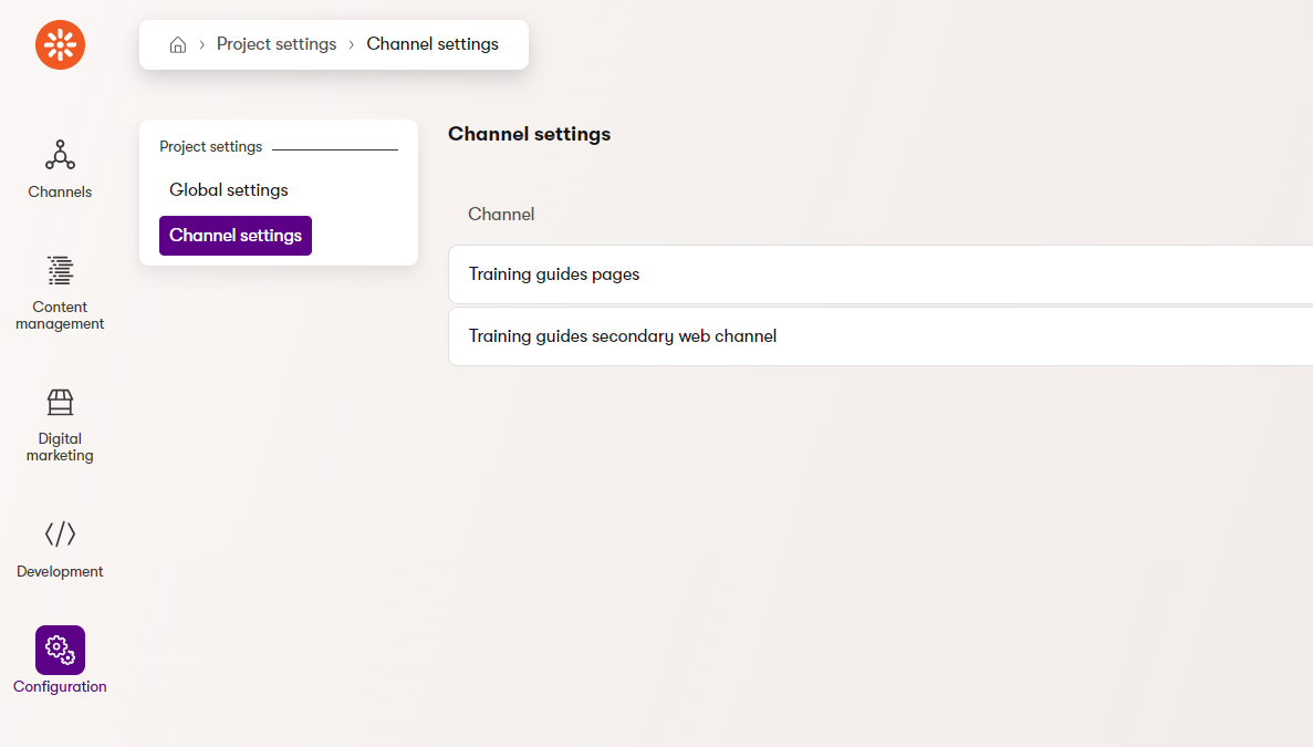 screenshot of channel settings list