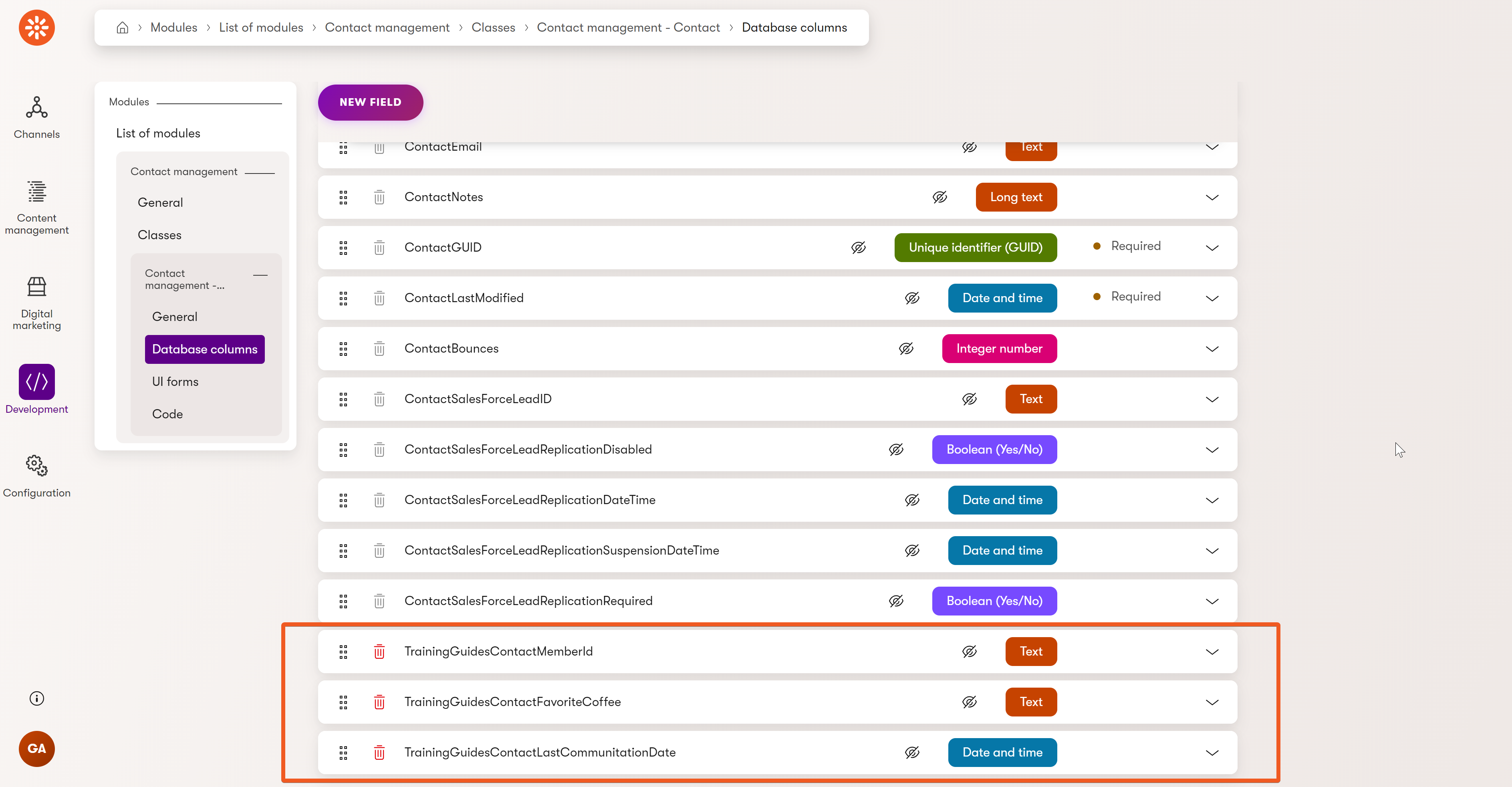 Custom database fields on Contact class in Xperience