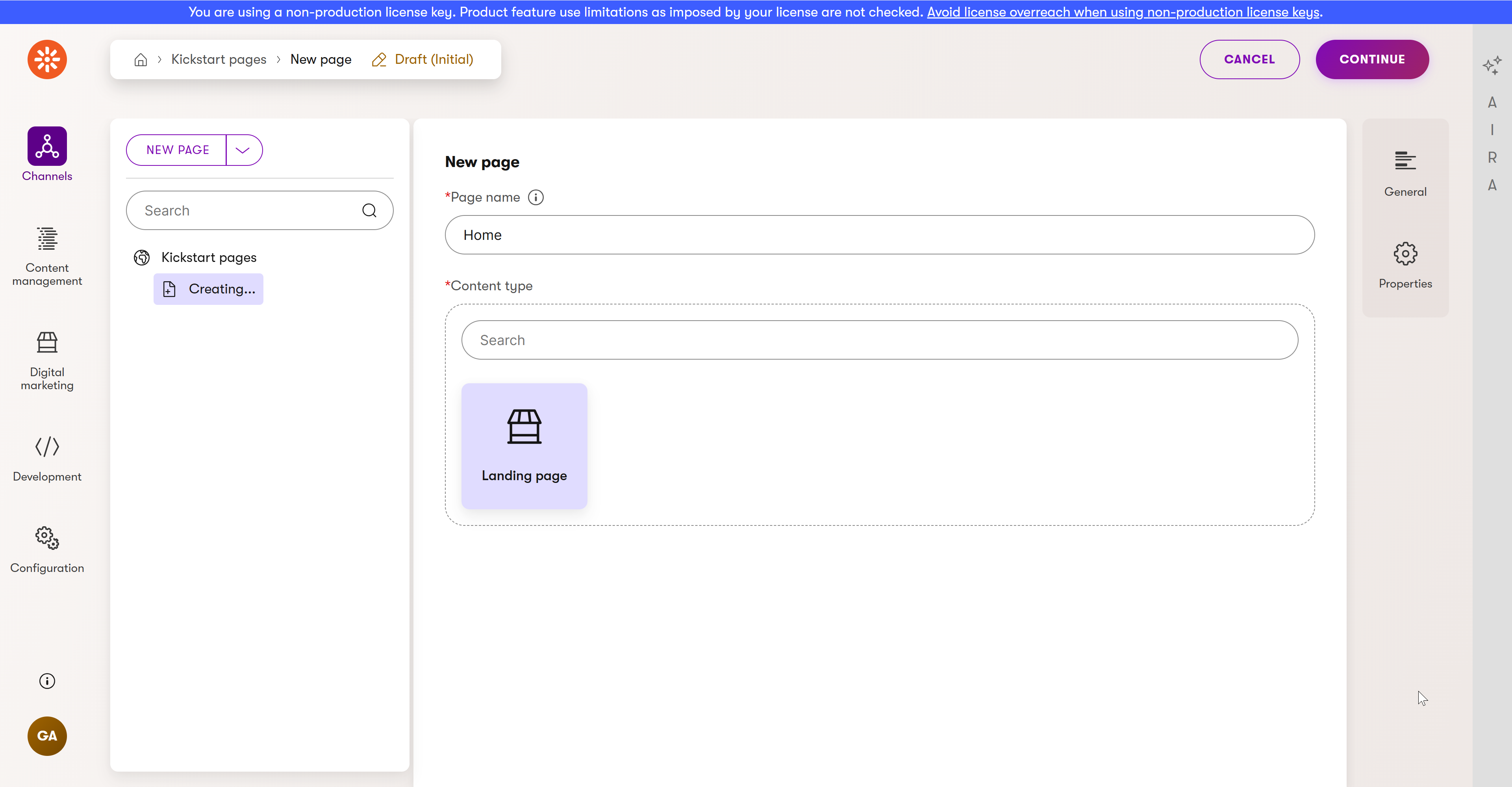Screenshot of the new page dialog for the home page