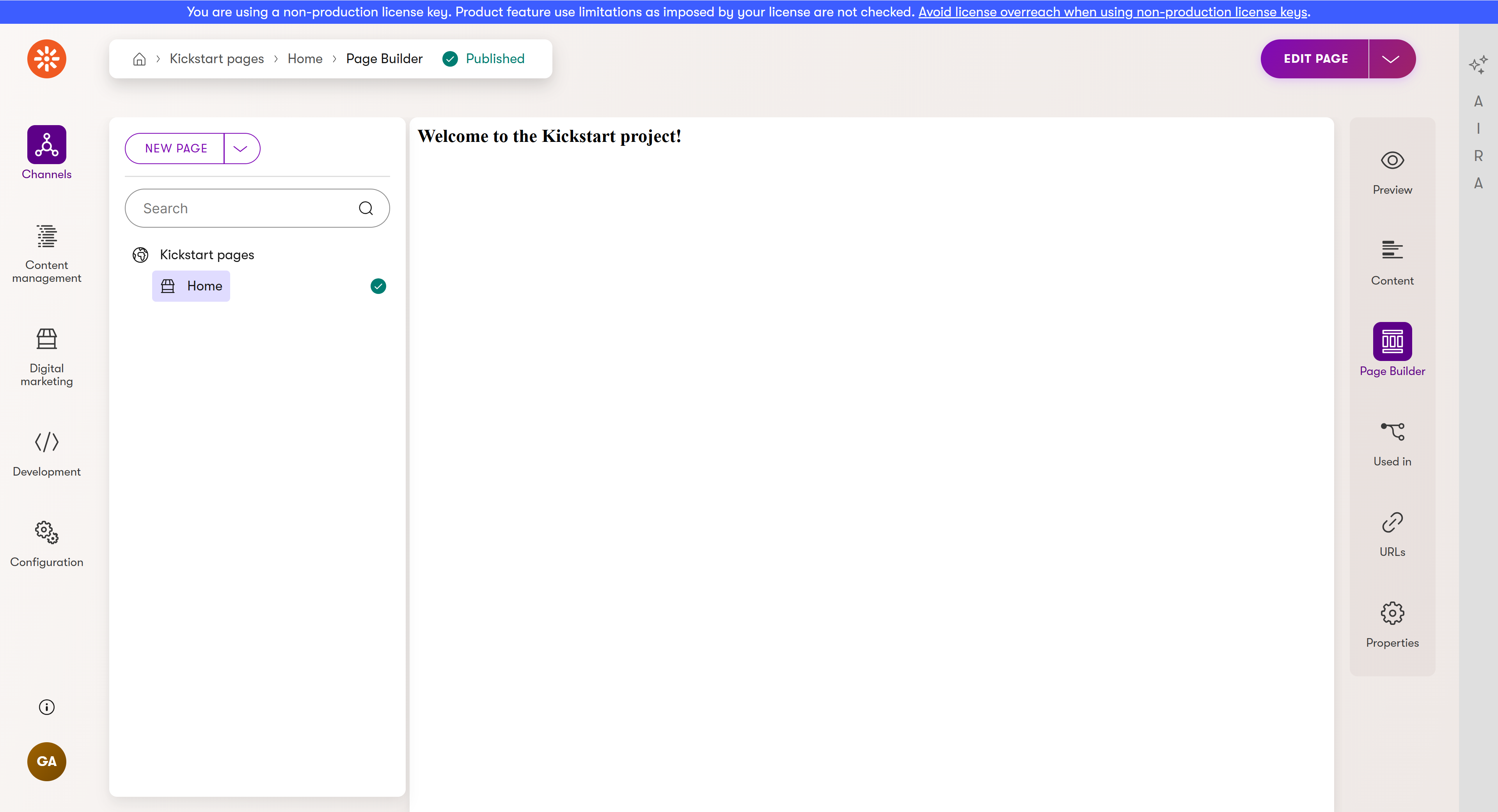 Home page in Page Builder mode in Kickstart pages channel
