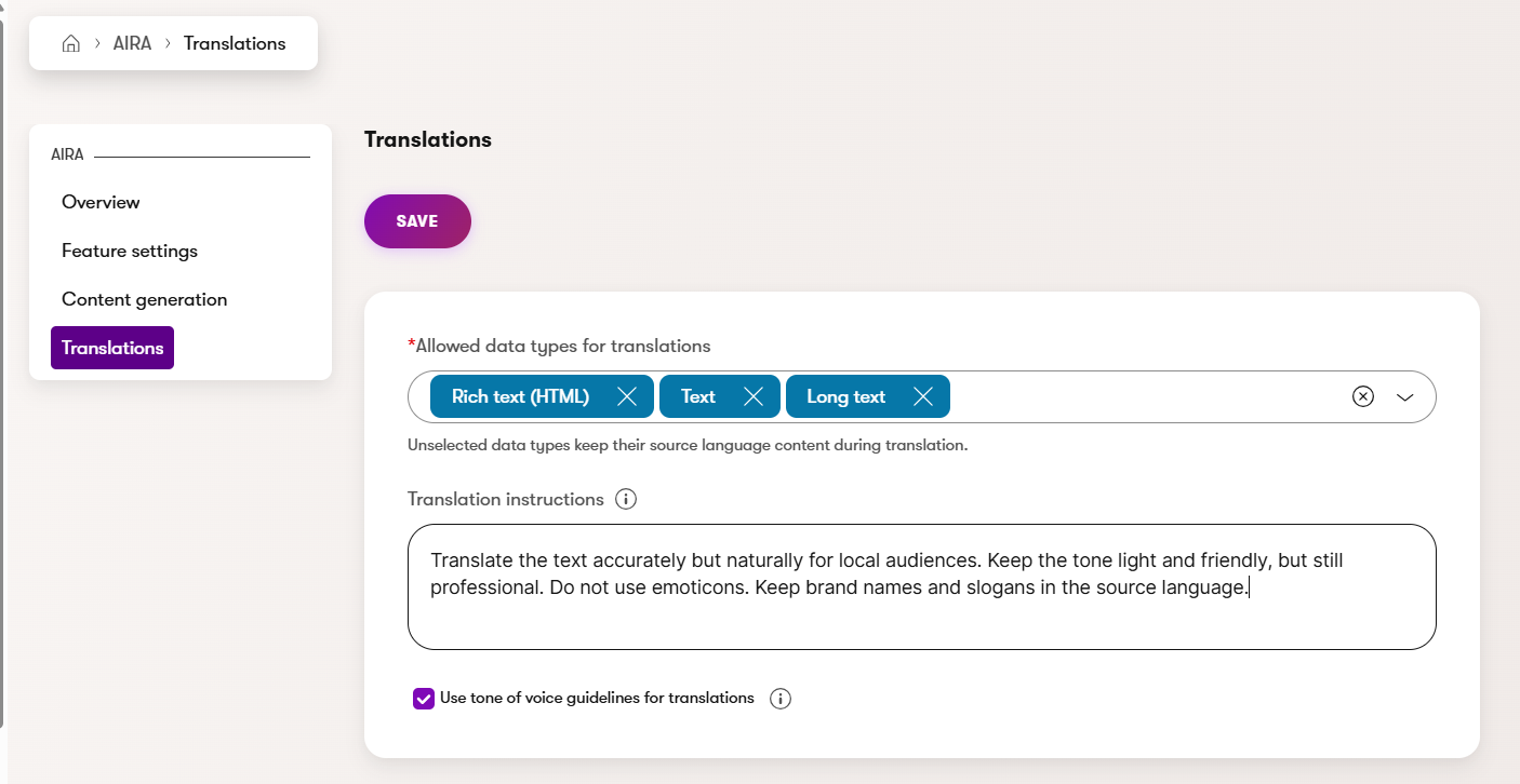 AIRA translations configurated