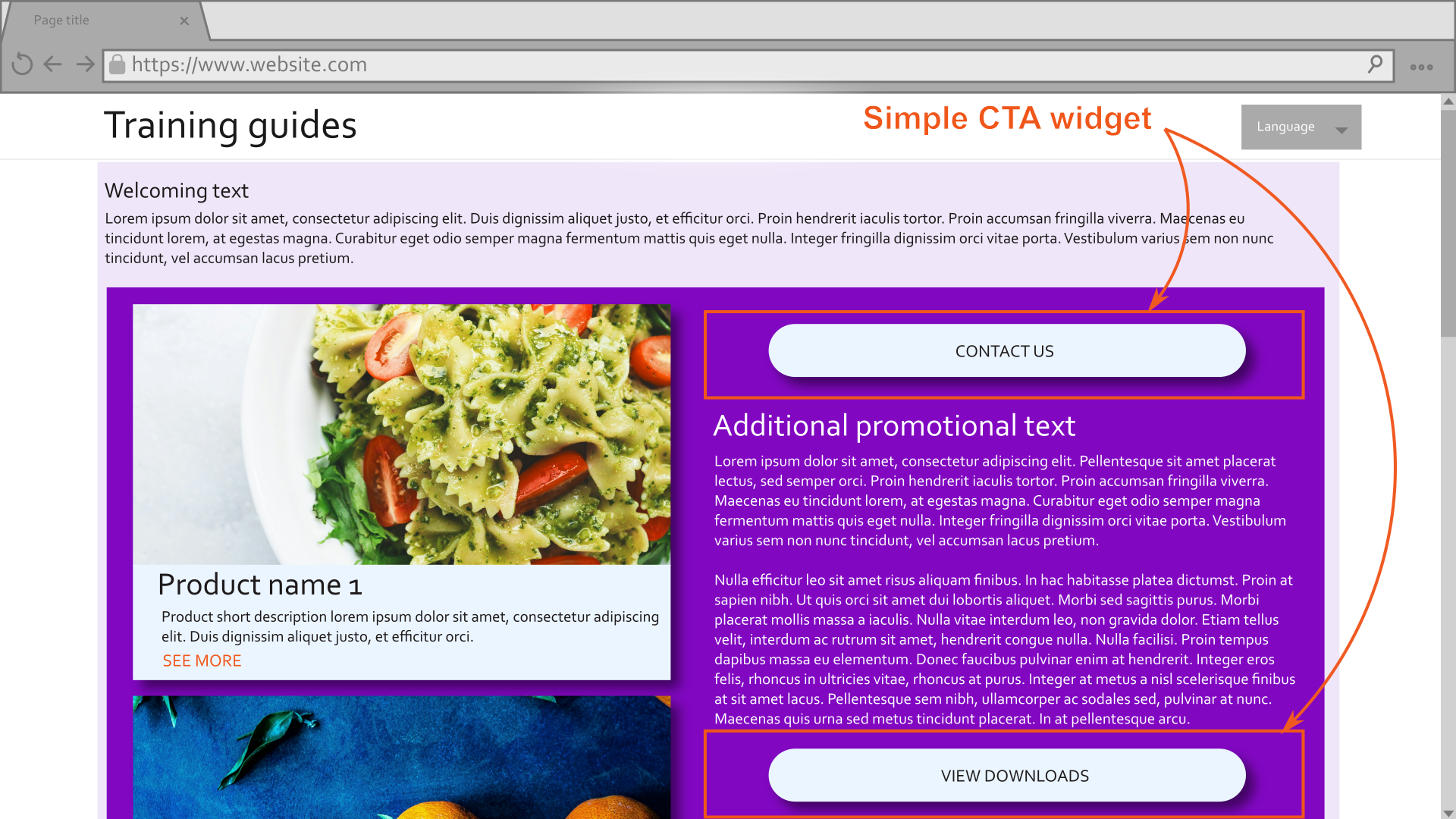 Mockup of a promotional page with Simple CTA widgets highlighted