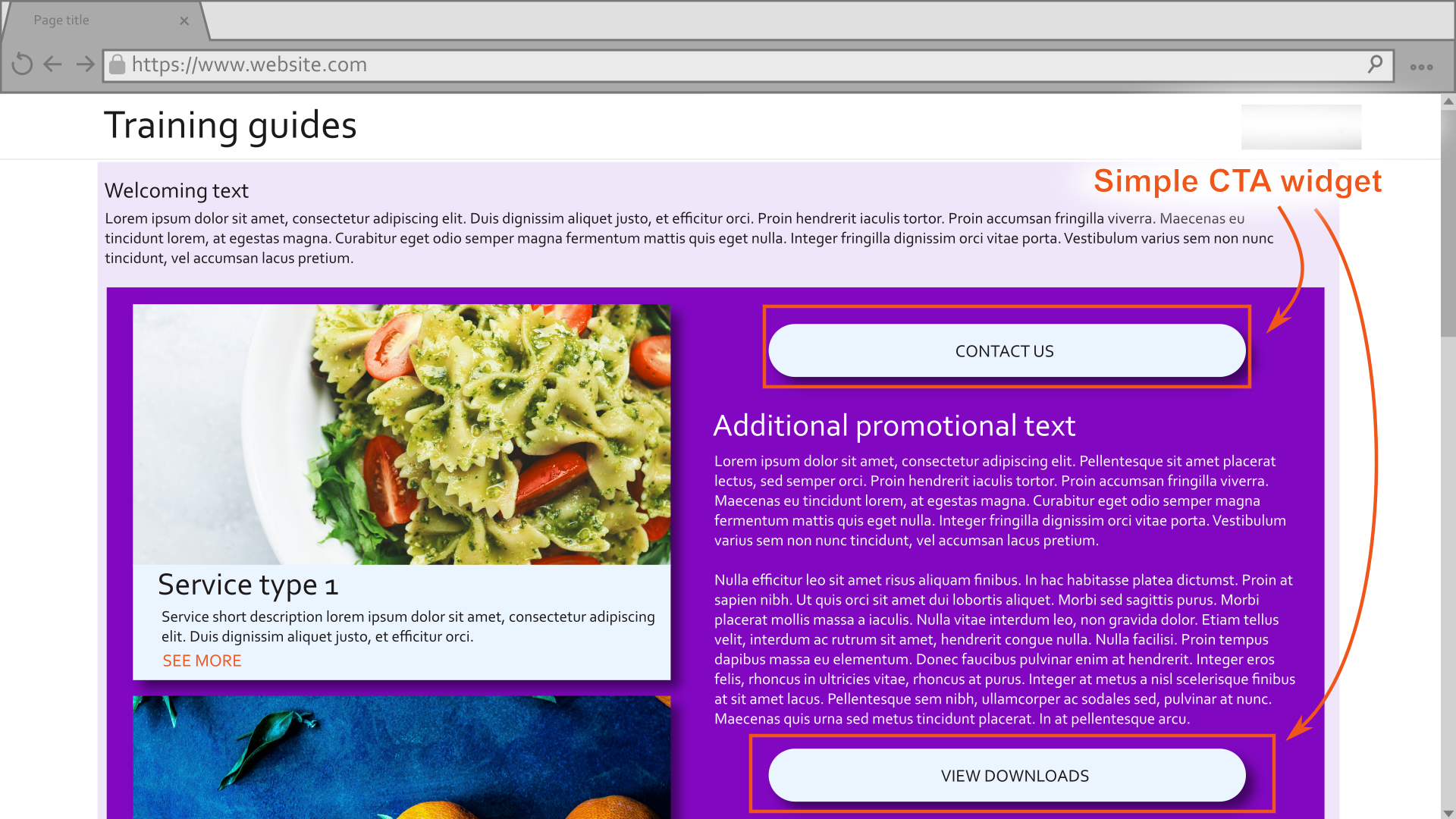 Mockup of a promotional page with Simple CTA widgets highlighted