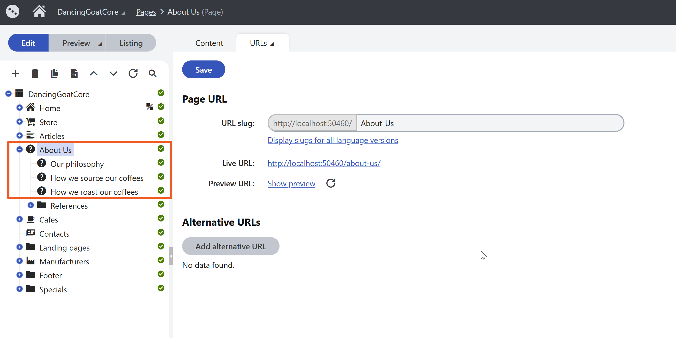 The ‘About us section’ content in administration
