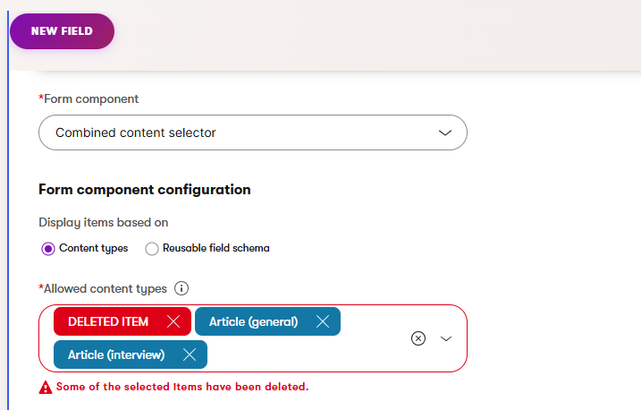 Screenshot of the message displayed in the UI when a content type references a deleted content type.
