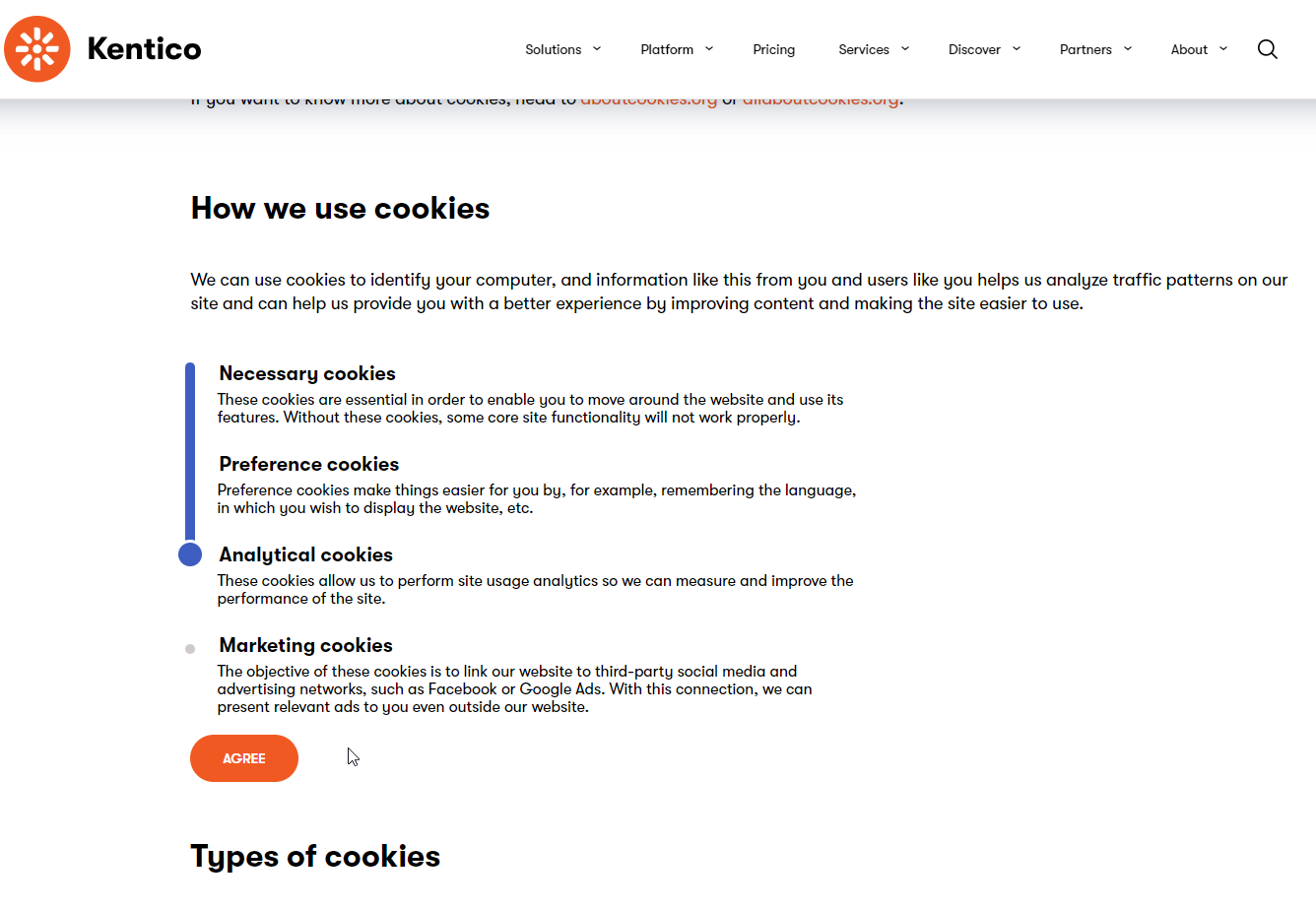 Kentico.com cookie configuration page