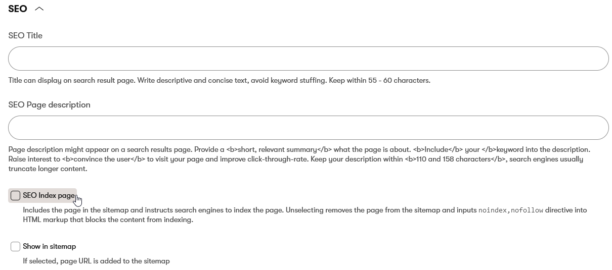 Adjusting the SEO settings to remove the page from indexing