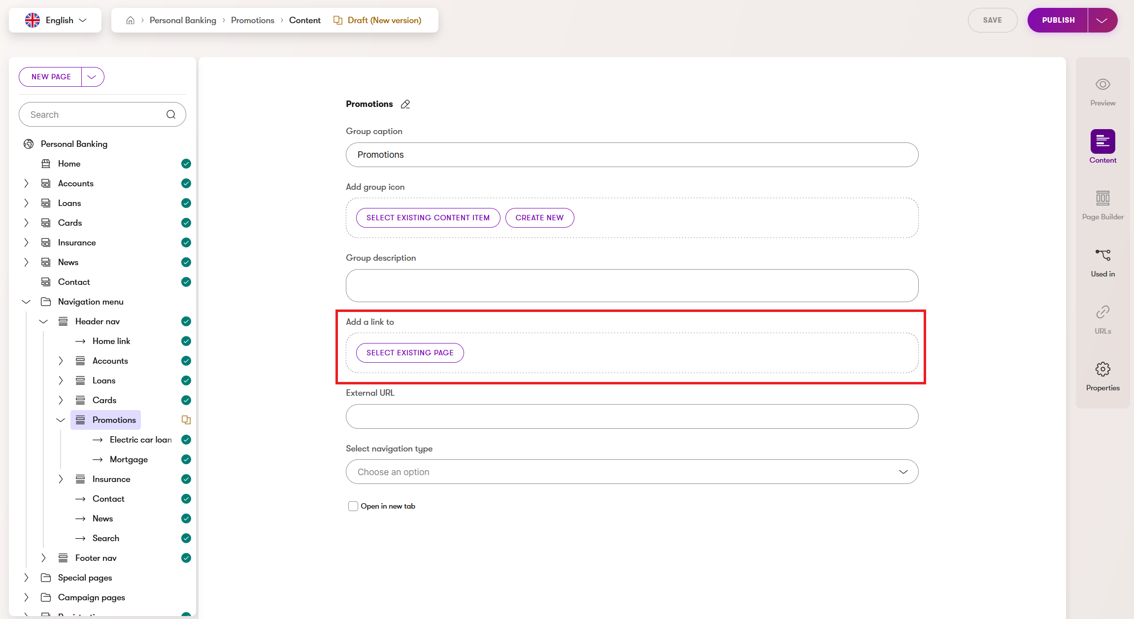 Linking a page to the navigation menu group