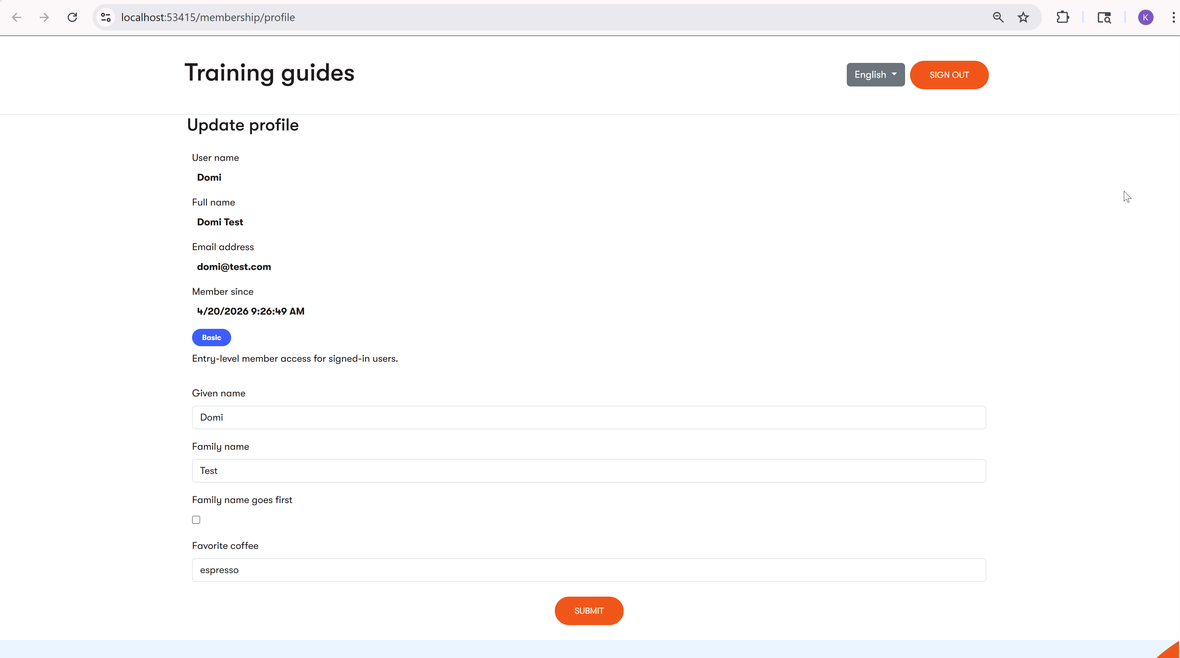 Live profile page showing member role badge and benefits section