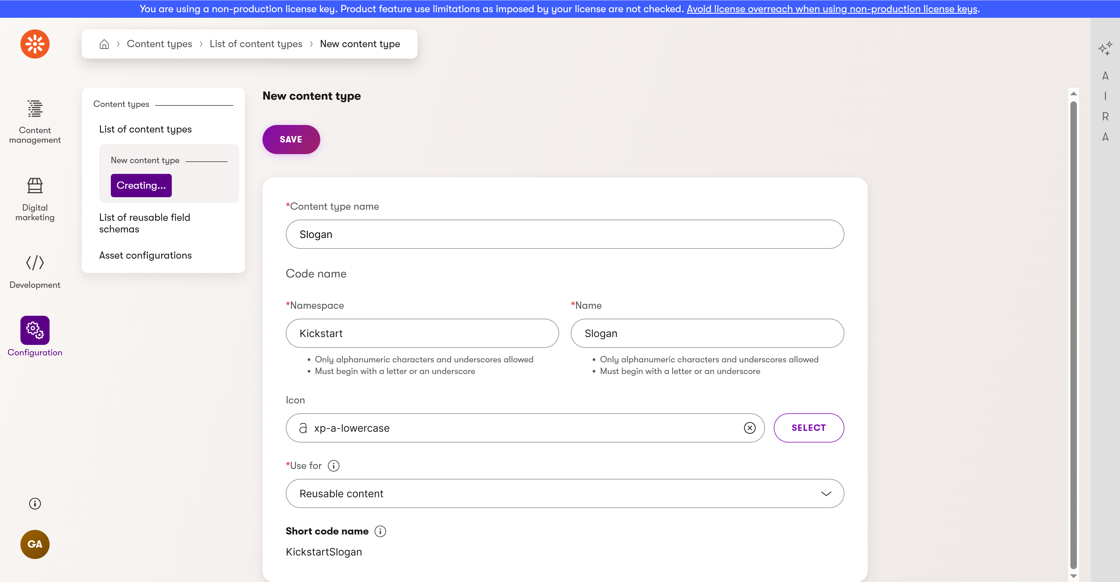Screenshot of the content type creation page for the Slogan type