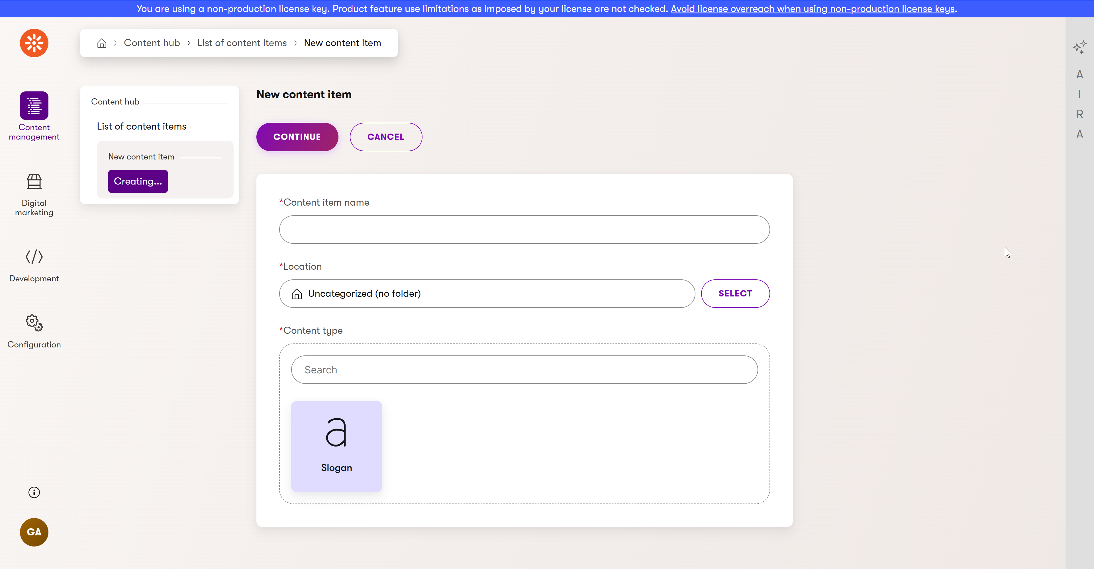 Screenshot of the content hub application including the slogan type