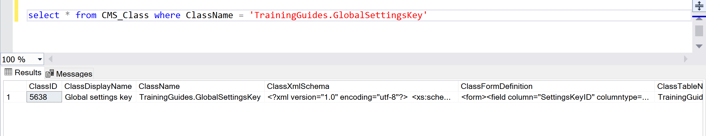 Select from a CMS_Class table showing the new TrainingGuides.GlobalSettingsKey class