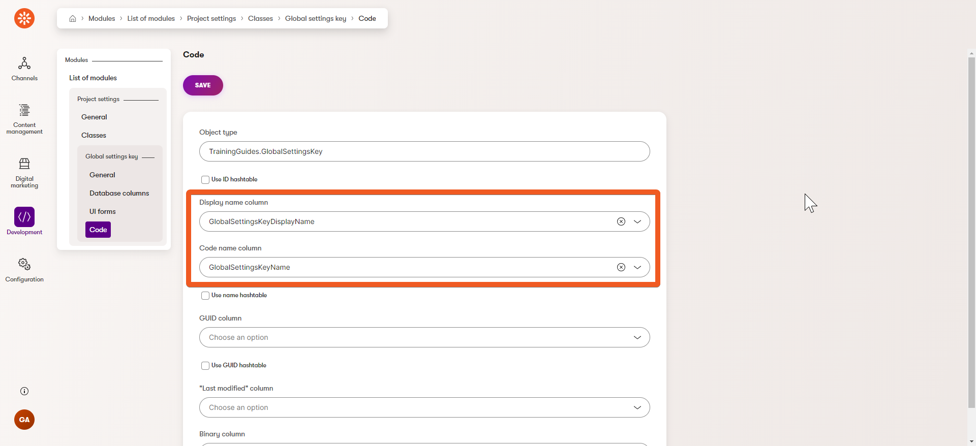 Database columns ‘GlobalSettingsKeyDisplayName’ and ‘GlobalSettingsKeyName’ automatically mapped to ‘Display name column’ and ‘Code name column’ fields in the Code tab