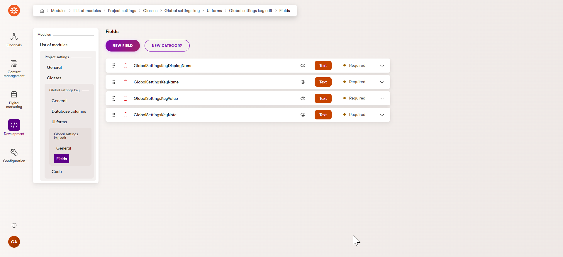 Gobal settings key edit form fields