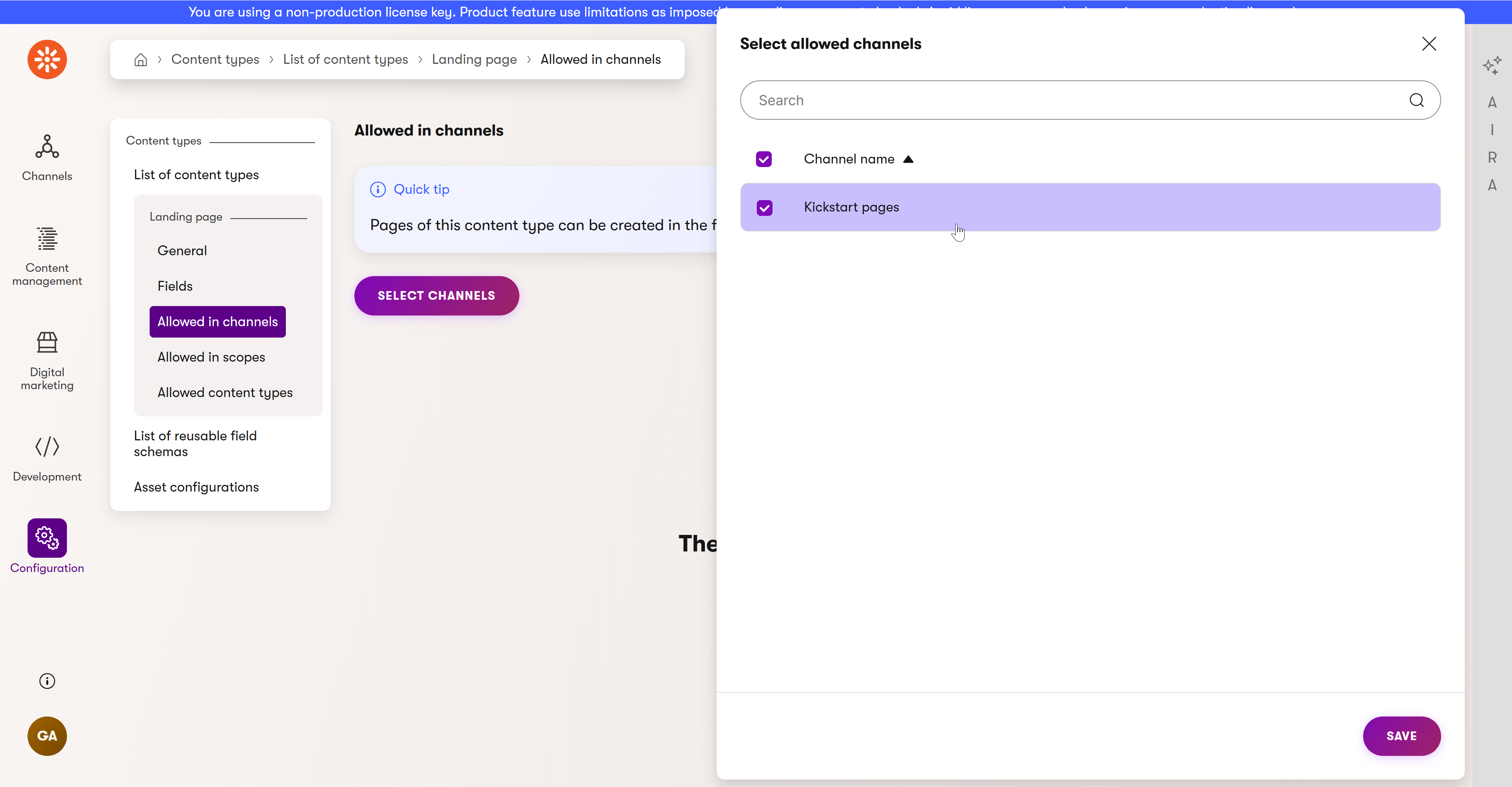 Allowing the ‘Landing page’ content type in the ‘Kickstart pages’ channel.