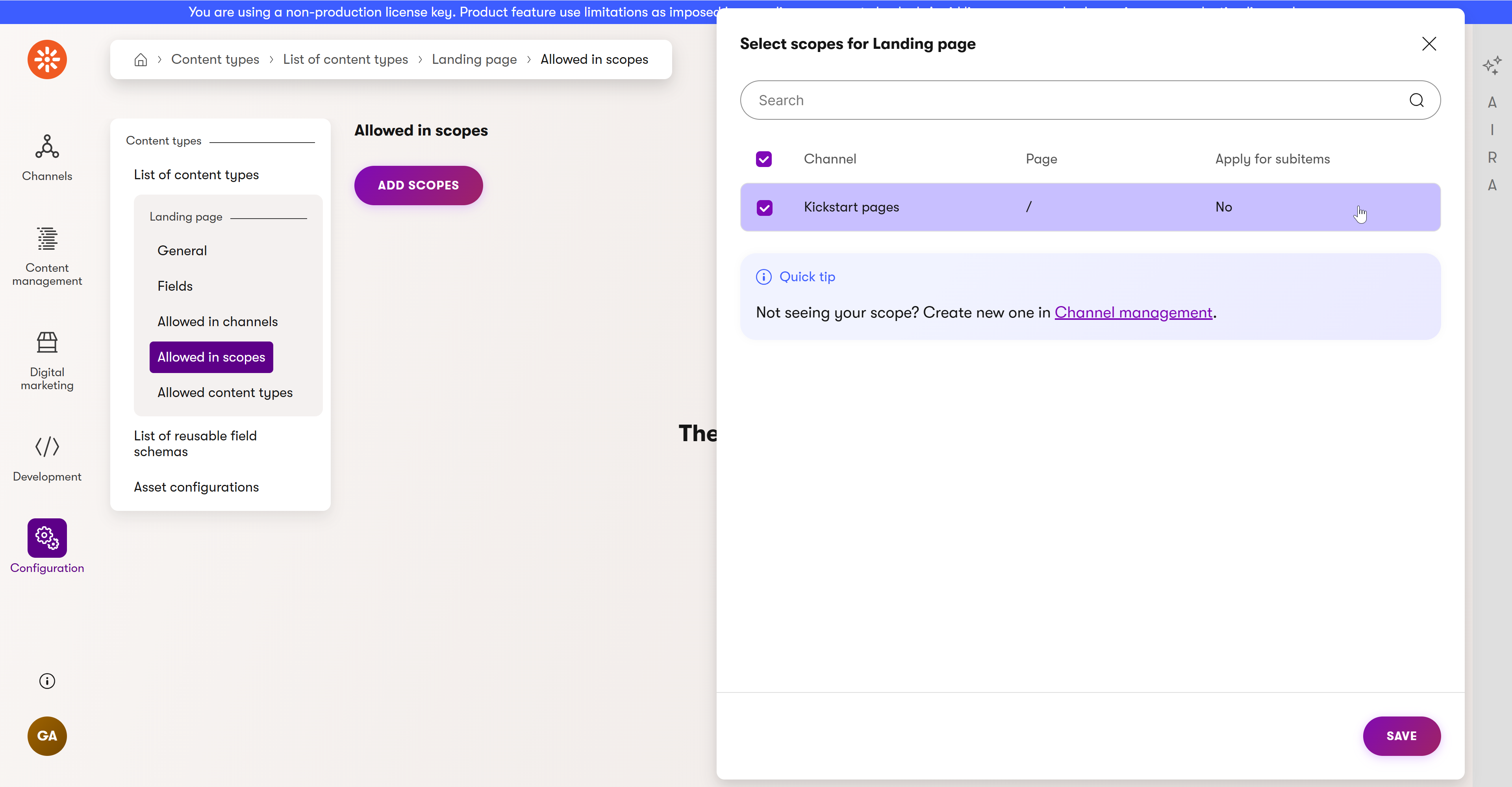 Allowing the ‘Landing page’ content type in the ‘/’ scope.