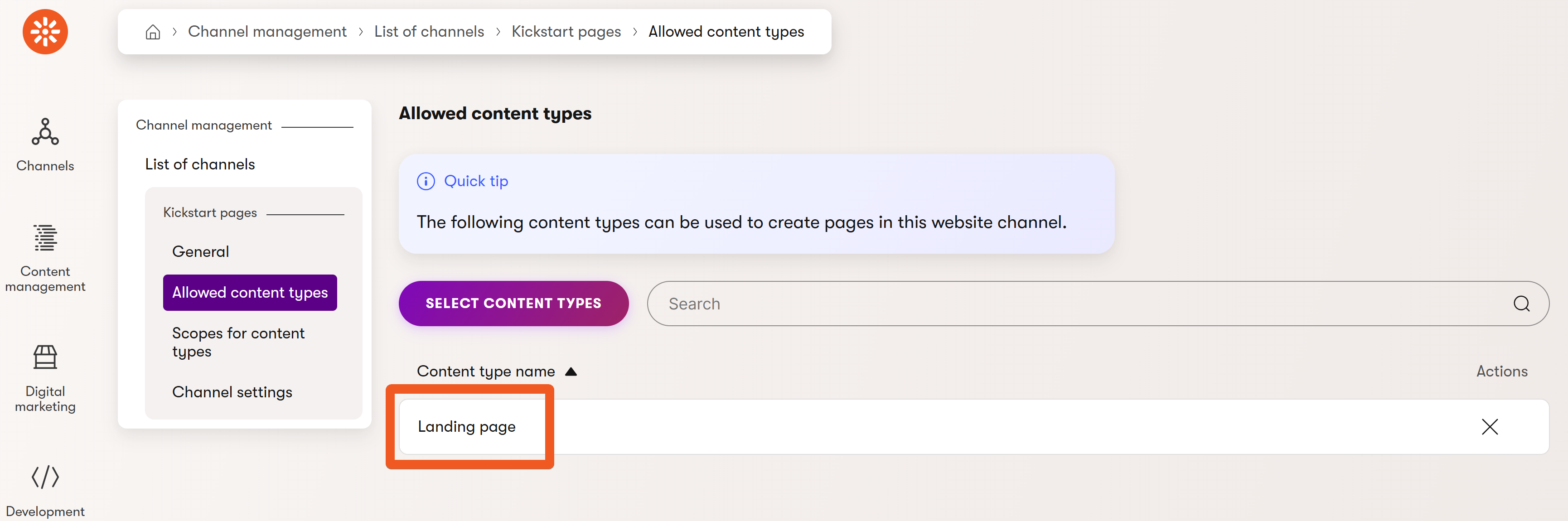 Landing page content type showing as allowed in the Kickstart pages channel.