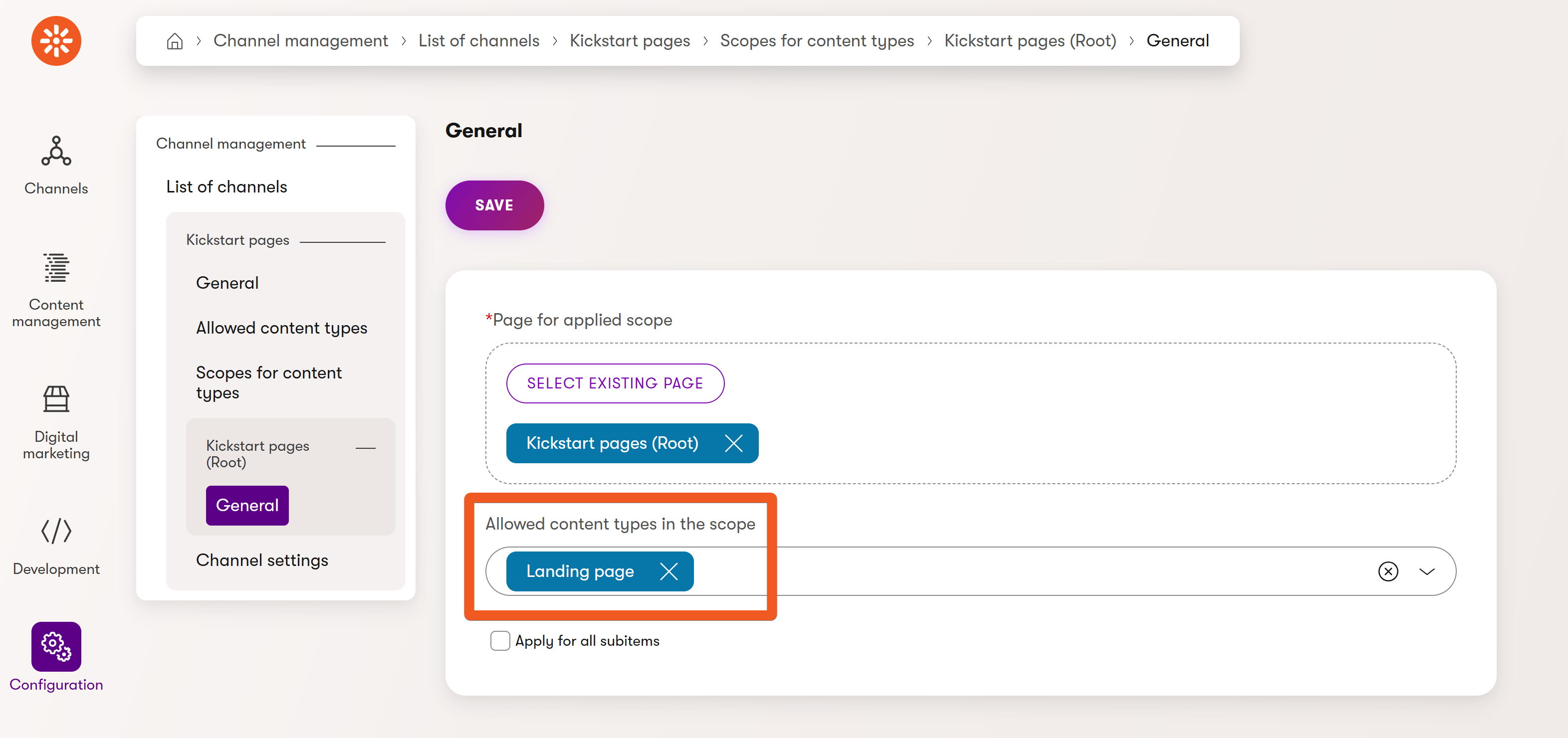 Landing page content type showing as allowed in the Kickstart pages default scope.