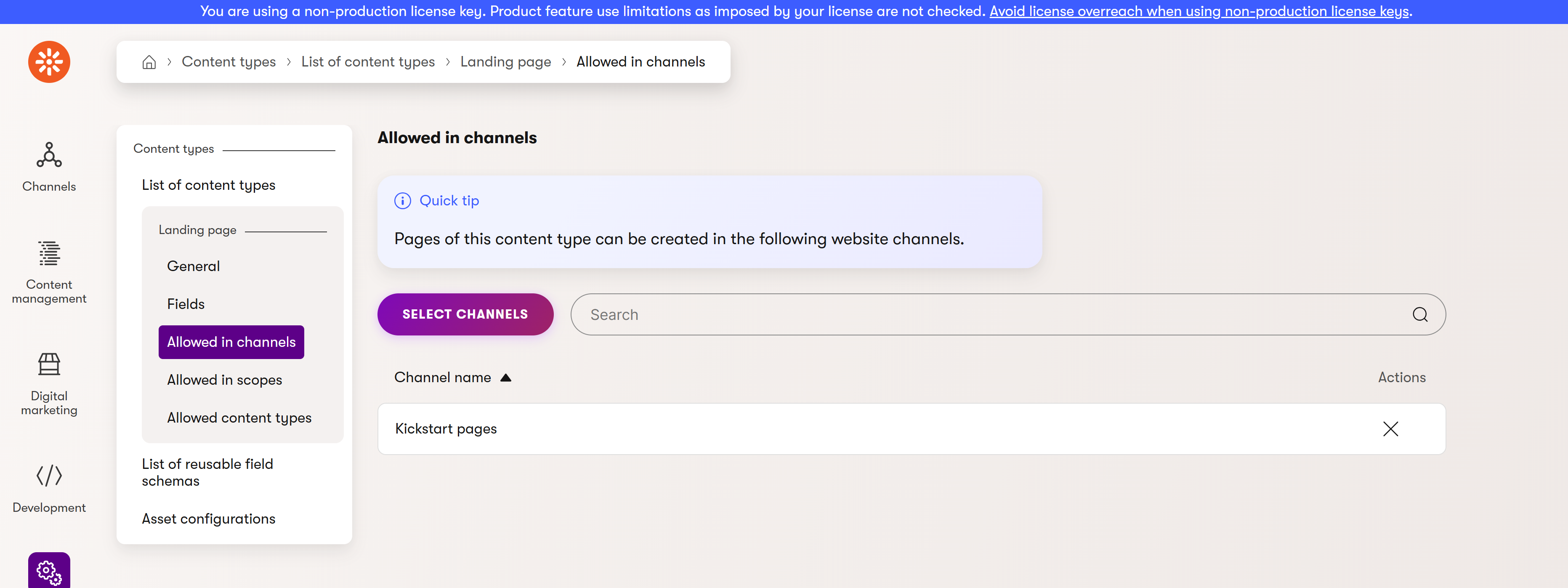 Screenshot of the landing page content type’s allowed channels.