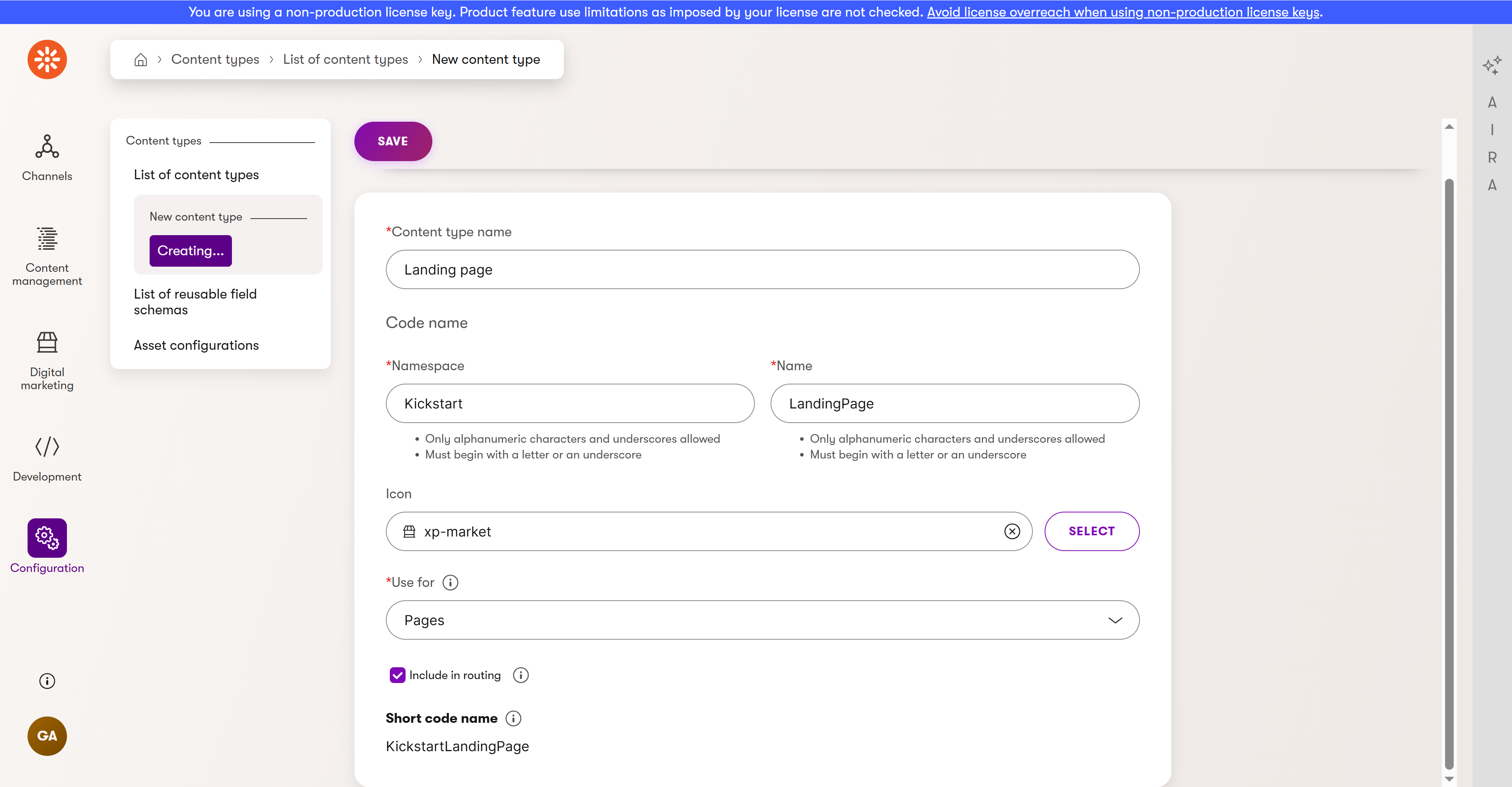 Screenshot of the landing page content type’s general properties