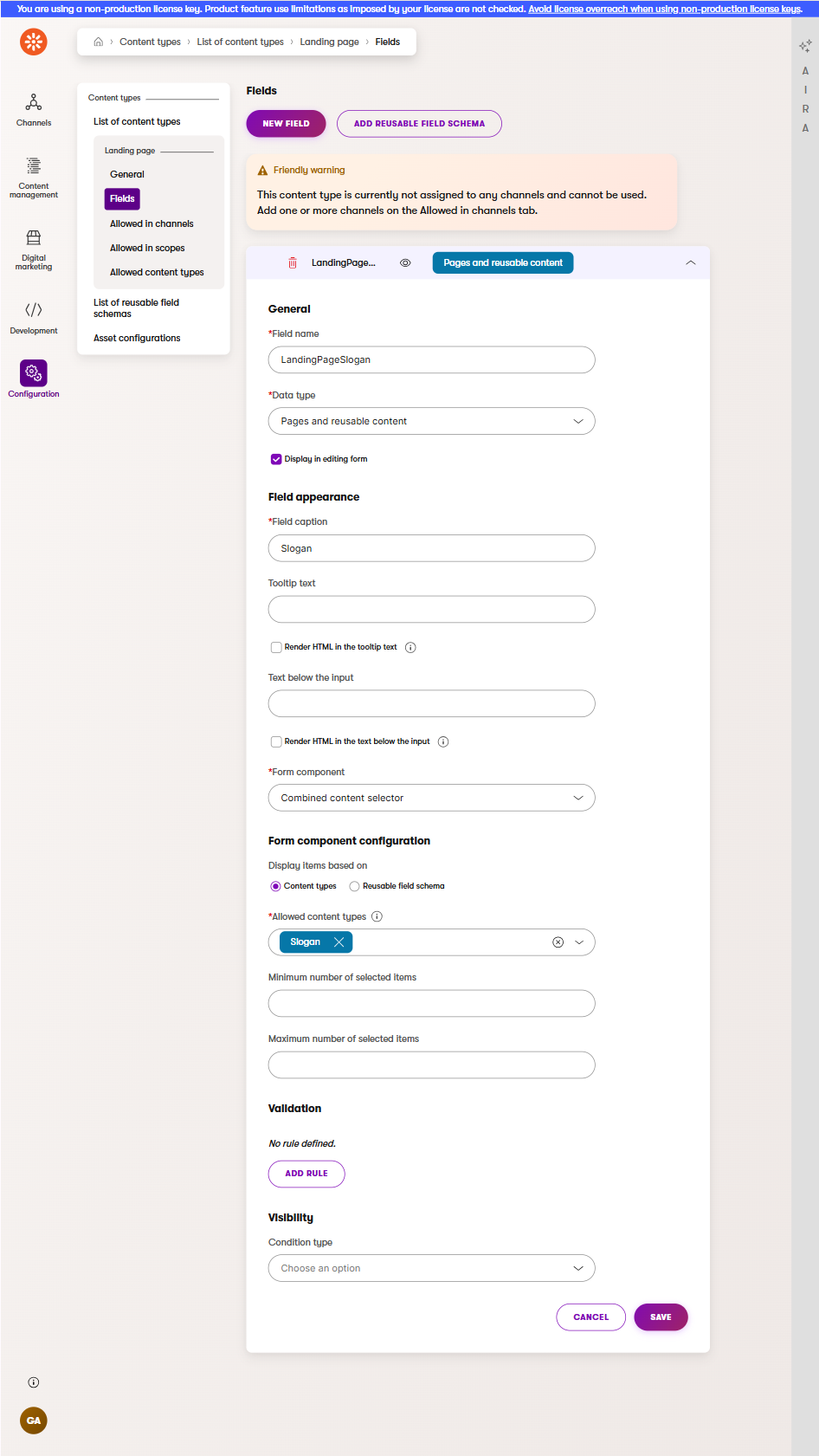 Screenshot of landing page field editor