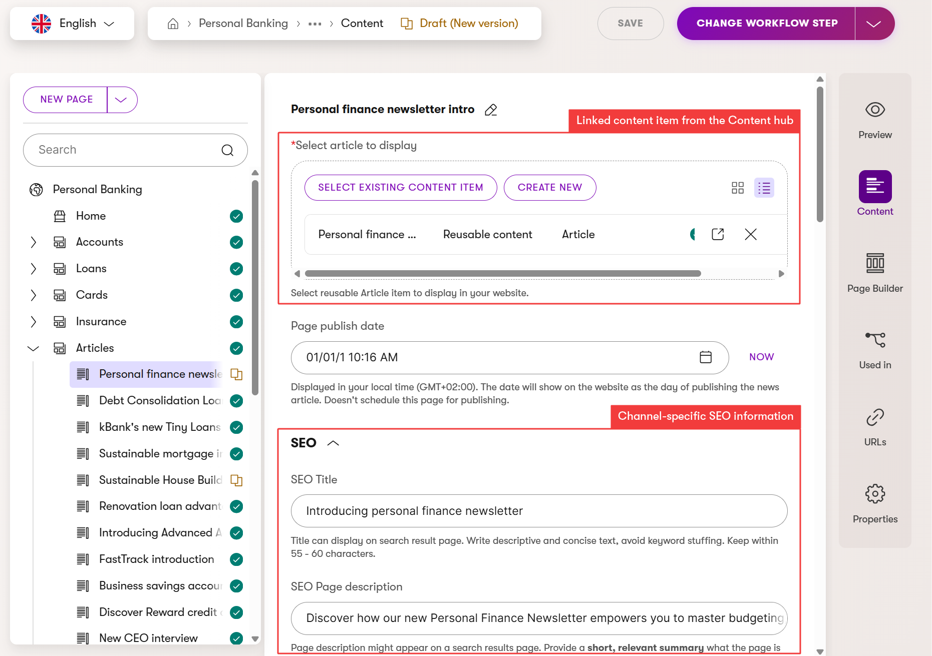 Page wrapper with linked item and channel specific information