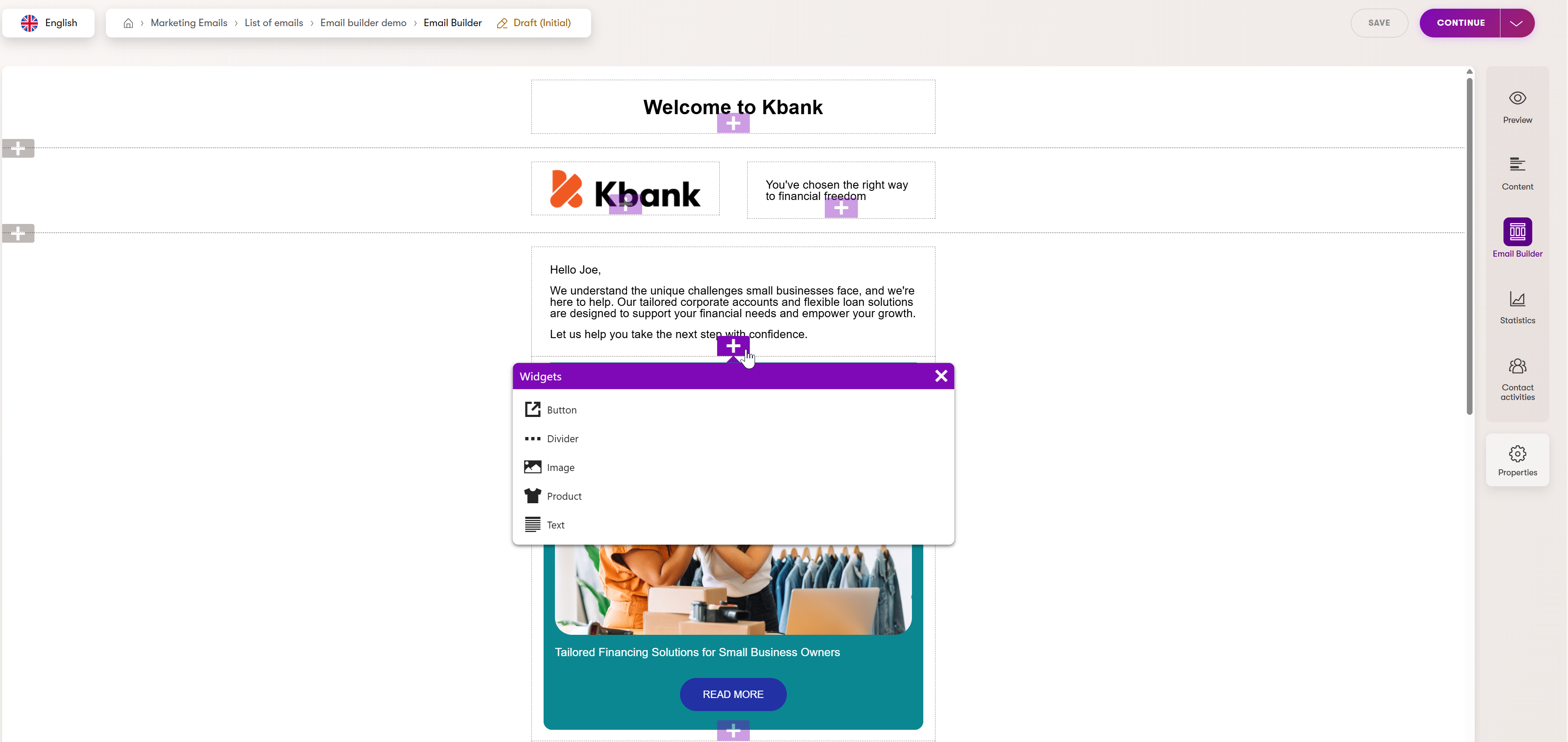 Email Builder in Kbank demo site