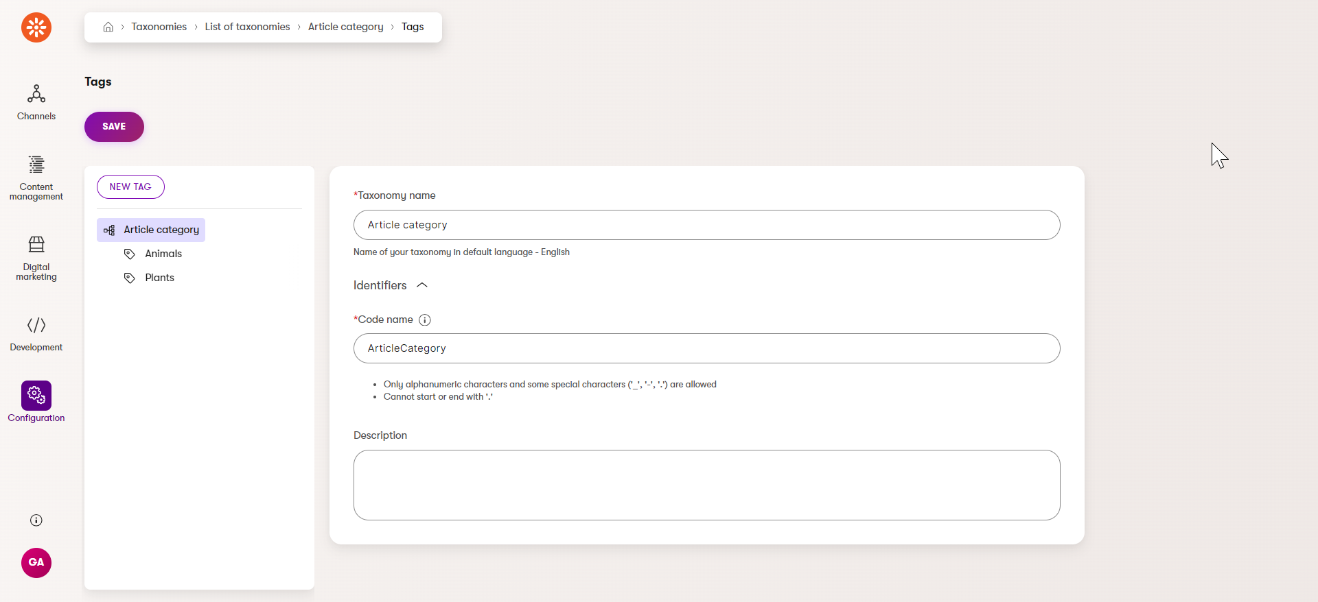 Article category taxonomy in the administration interface